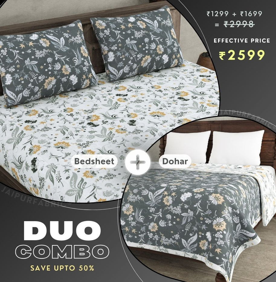 Flowery Spring Grey and Off White Dohar and Bedsheet Combo