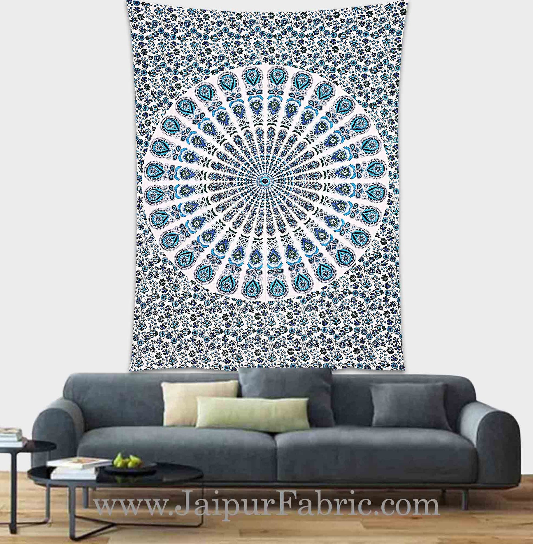 Peacock Blue Mandala tapestry wall hanging and beach throw