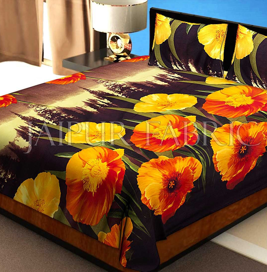 Yellow Floral Print Cotton Double Bed Sheet