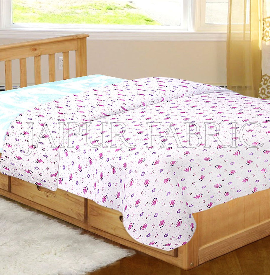 White Base Pink Floral Print Single Bed Dohar