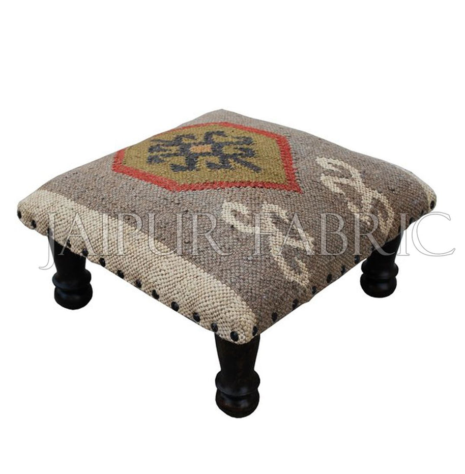 Wooden Square Foot Stool Upholstered with Wool and Jute Kilim Woven