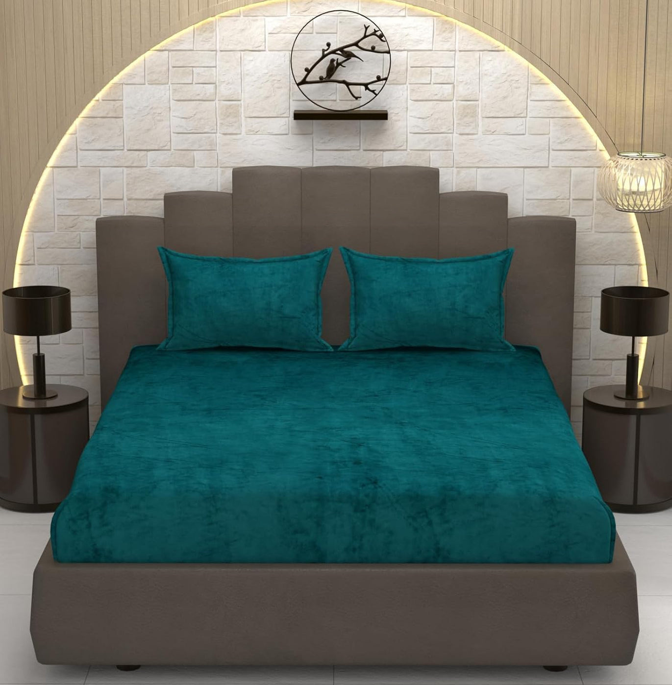 Elegant Teal Soft Velvet Finish Double Bedsheet with Matching Pillow Covers