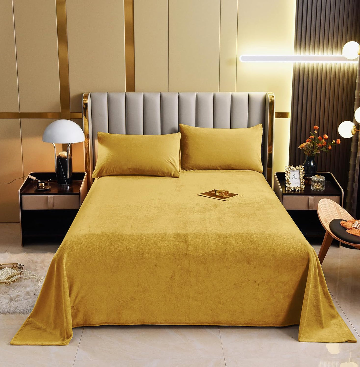 Luxurious Yellow Soft Velvet Finish Double Bedsheet with Matching Pillow Covers