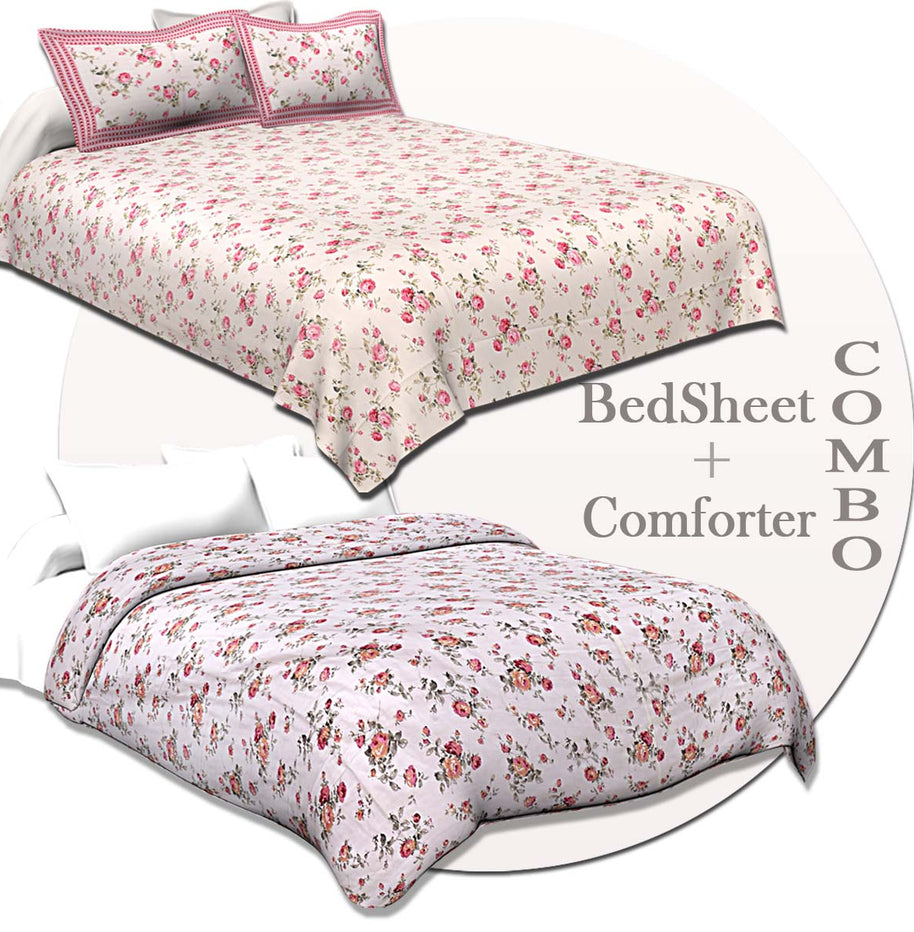 COMBO66 Pink Floral Design 1 Cotton Double Bedsheet + 1 Dohar Combo