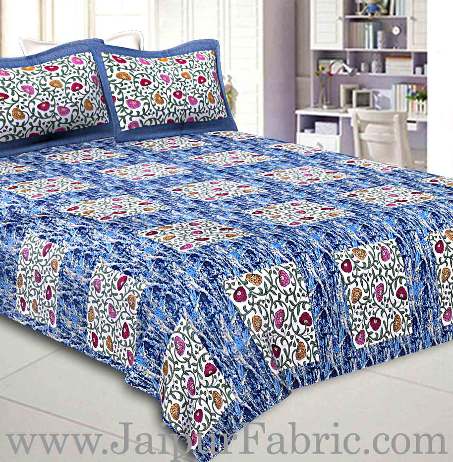 Pure Cotton 240 TC Double bedsheet in blue box floral pattern