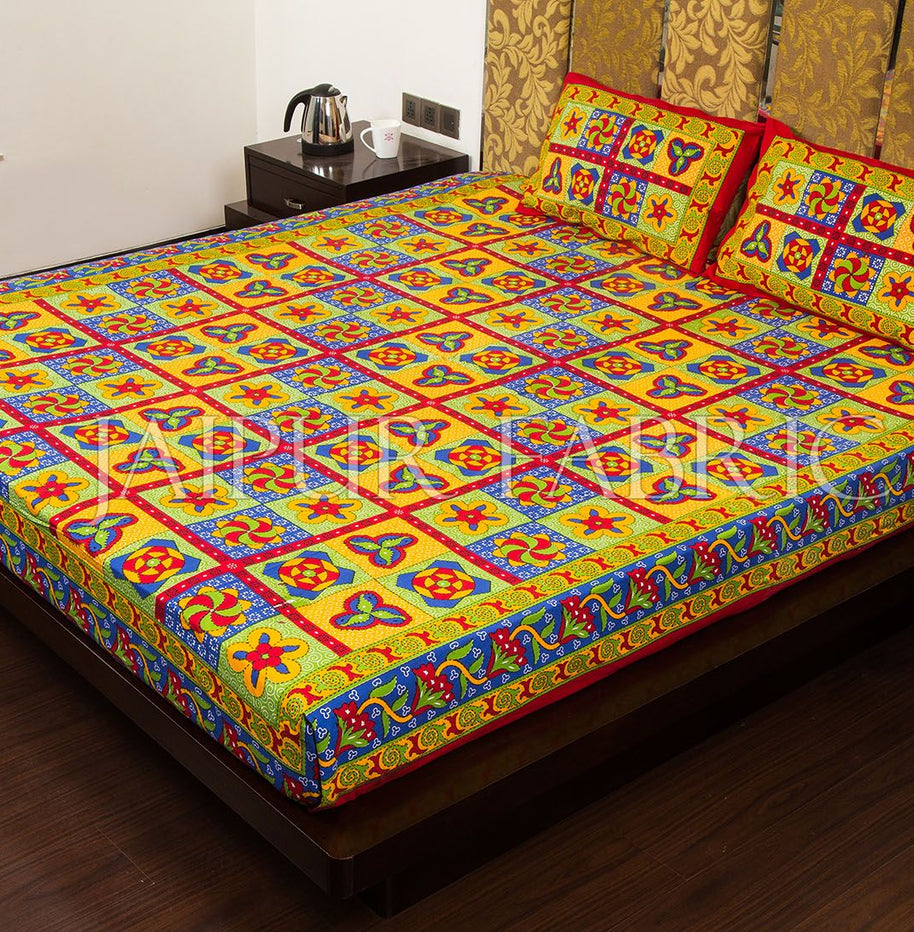 Maroon Border Rangoli Print Multi Color Cotton Double Bed Sheet