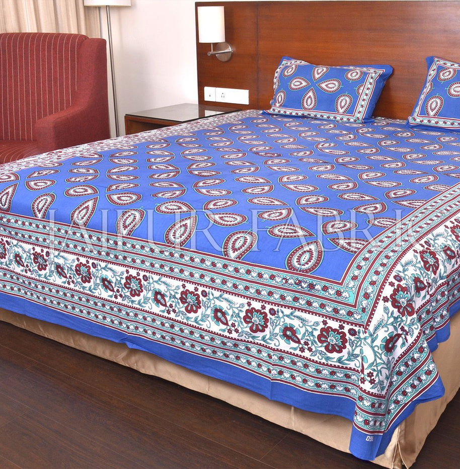 Blue Color Jaipuri Paan Patti Print Double Bed Sheet