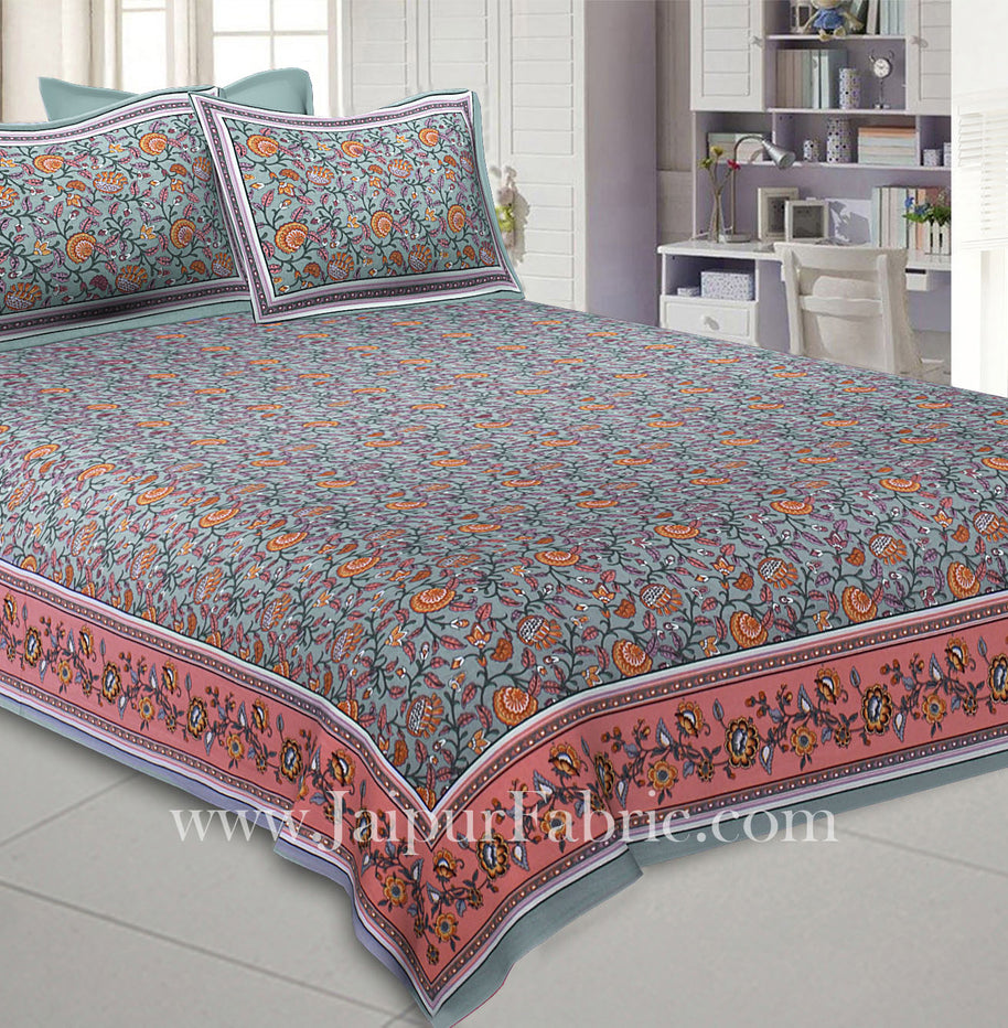 Blooming  Grey Floral Double Bedsheet