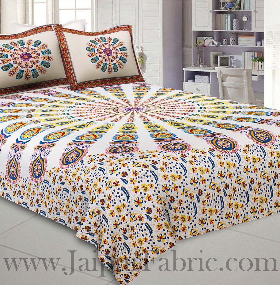 Mandala Yellow Blue Khari Gold Print Double Bedsheet with 2 Pillow Covers