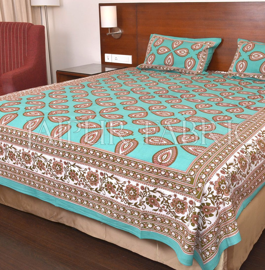 Green Color Jaipuri Paan Patti Print Double Bed Sheet