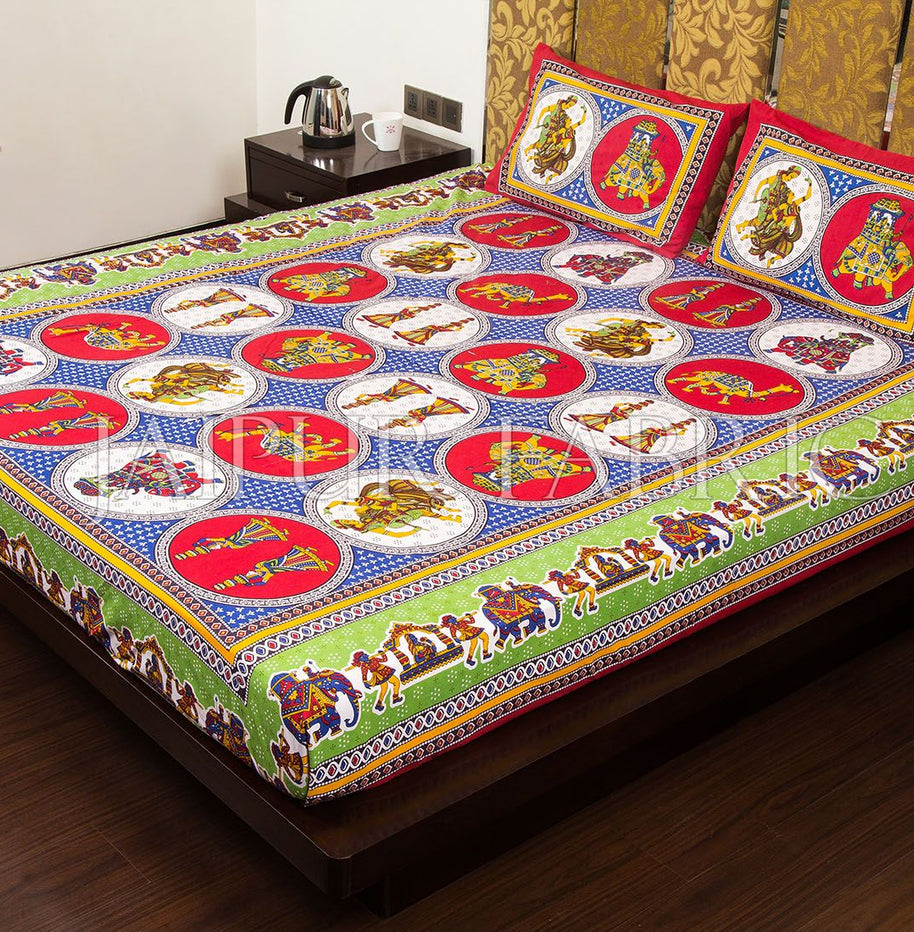 Red Border Jaipri Fat Wedding Print Cotton Double Bed Sheet