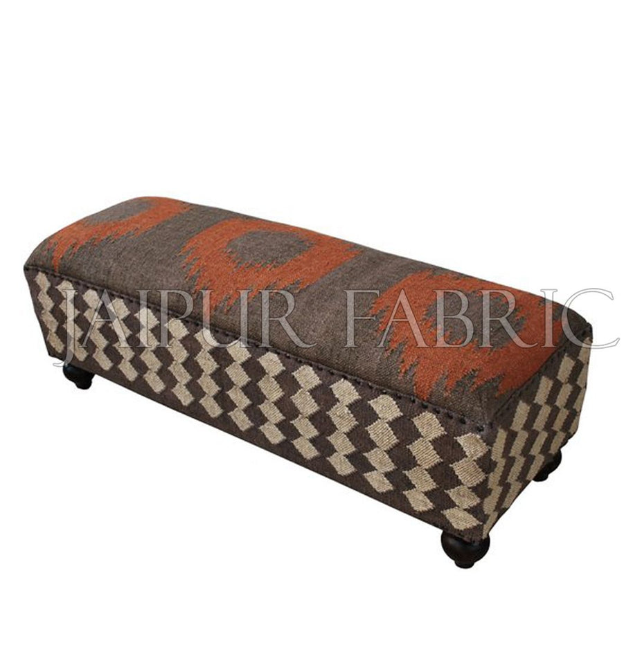 Wooden Pouf Bench Upholstered with Wool and Jute Kilim Woven