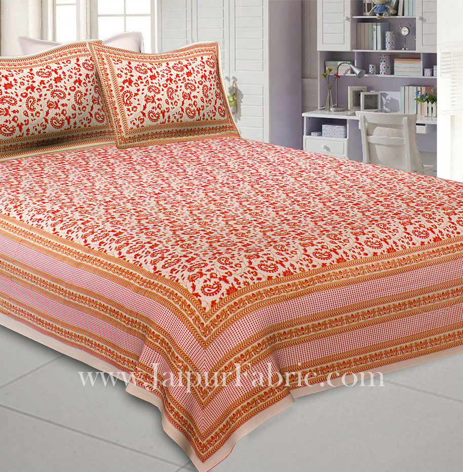 Ethnic Gold Pink Floral Double Bedsheet