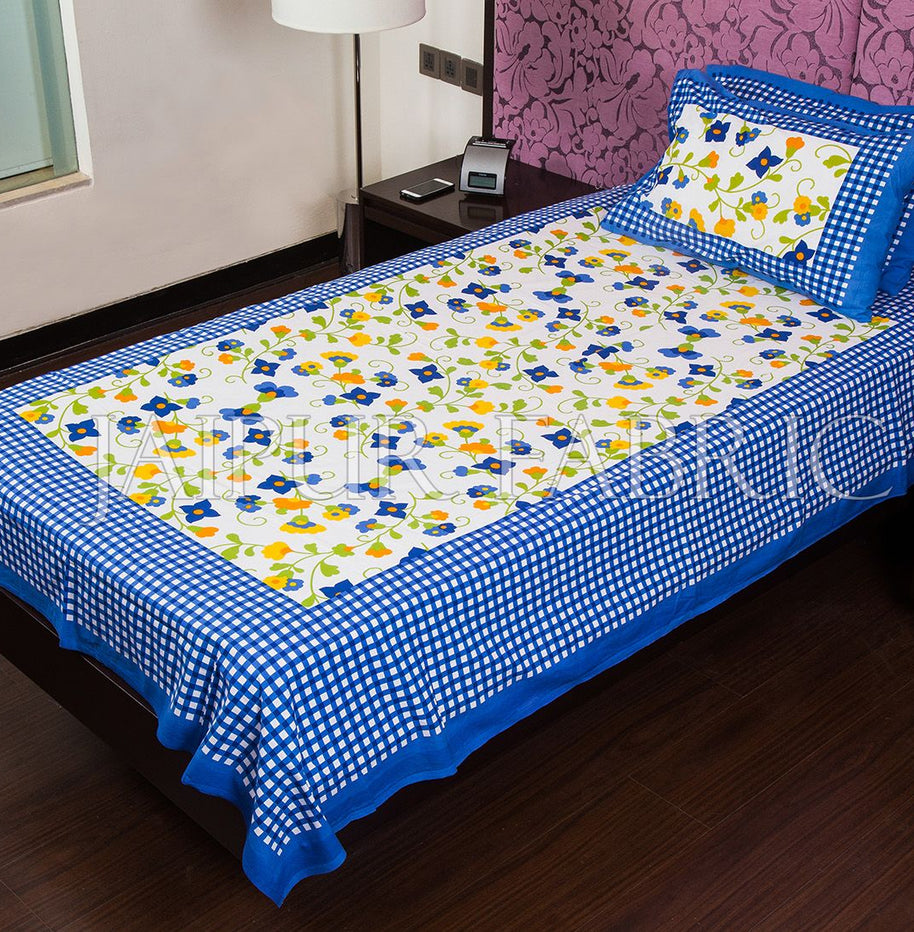 Blue Checks White Base Floral Print Single Cotton Bed sheet