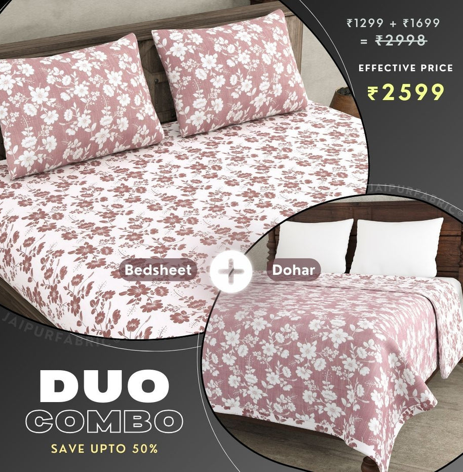 Summer Revival Pink and Off White Dohar and Bedsheet Combo