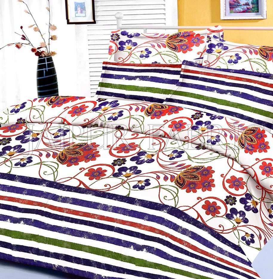 Blue Floral and Slanting Stripe Border King Size Cotton Bed Sheet