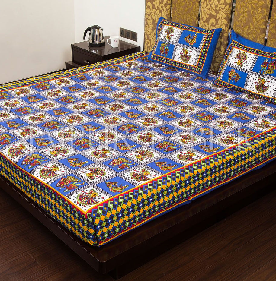 Blue Color Jaipuri Folk Dance Print Cotton Double Bed Sheet