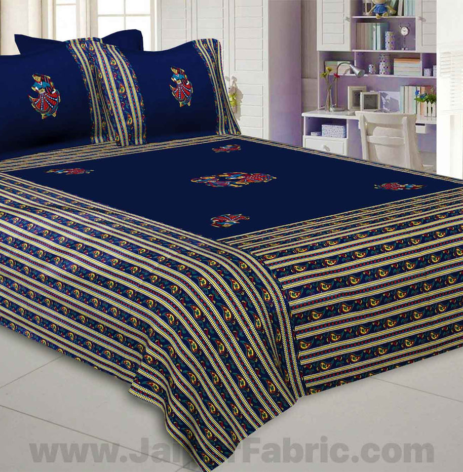 Applique Blue Rajasthani Dance Jaipuri  Hand Made Embroidery Patch Work Double Bedsheet