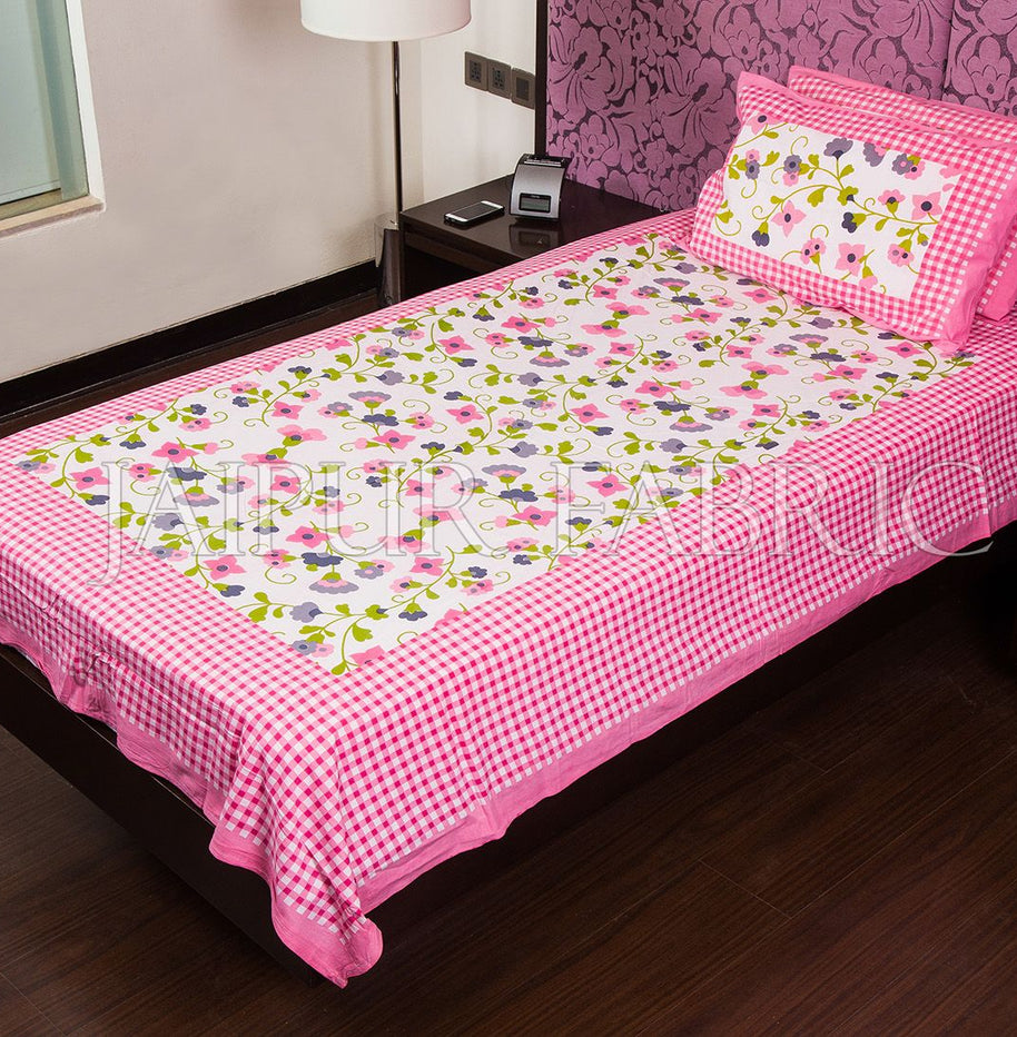 Pink Checks White Base Floral Print Single Cotton Bed sheet