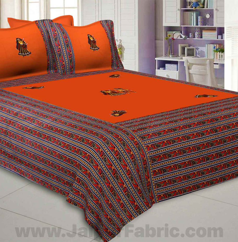 Applique Orange Dandiya Jaipuri  Hand Made Embroidery Patch Work Double Bedsheet