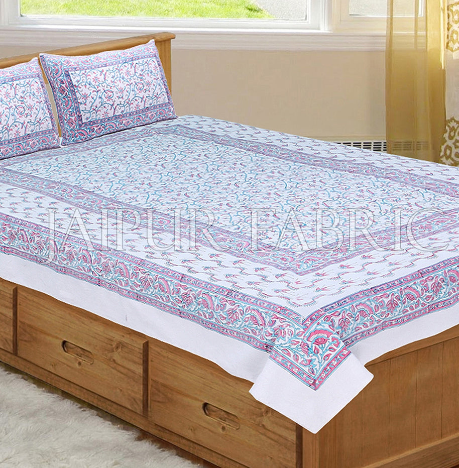 White Base With Pink and Cyan Color Print Single Cotton Bed sheet