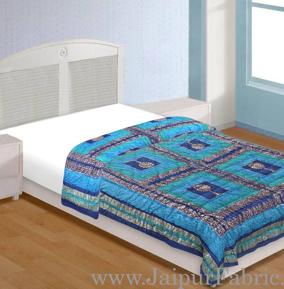 Firozi And Blue Golden Jaipuri  Tree  print Single Bed Quilt