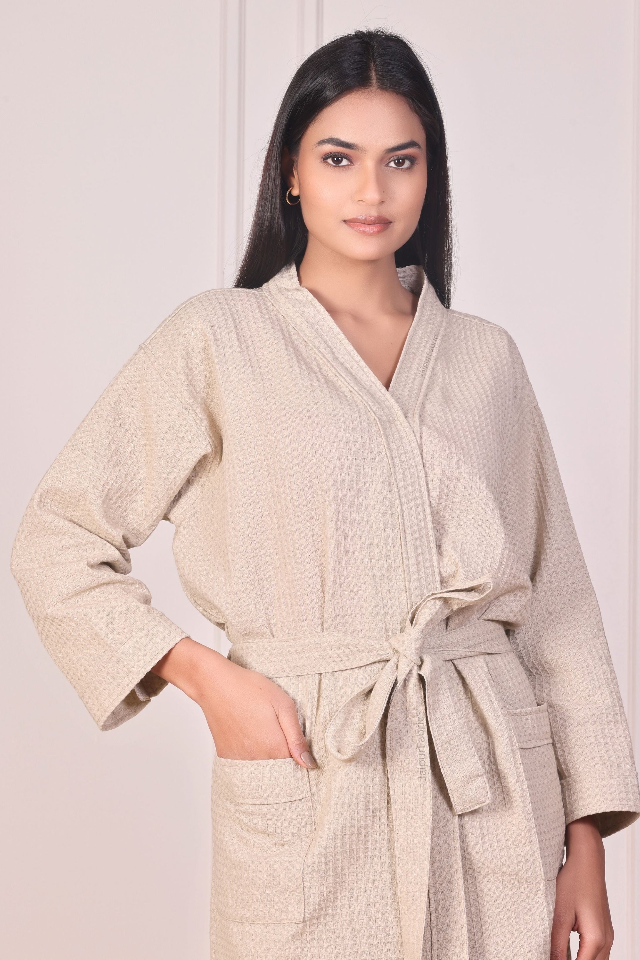 Beige Premium Cotton Waffle Quick Dry Spa Bathrobe with Shawl Collar Pockets and Fabric Belt