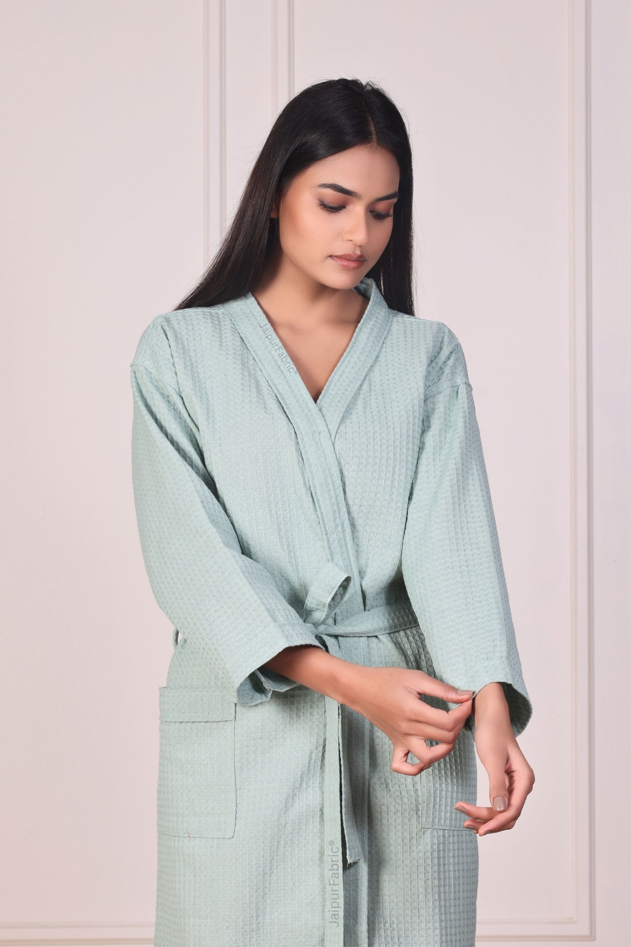 Mint Green Premium Cotton Waffle Quick Dry Spa Bathrobe with Shawl Collar Pockets and Fabric Belt