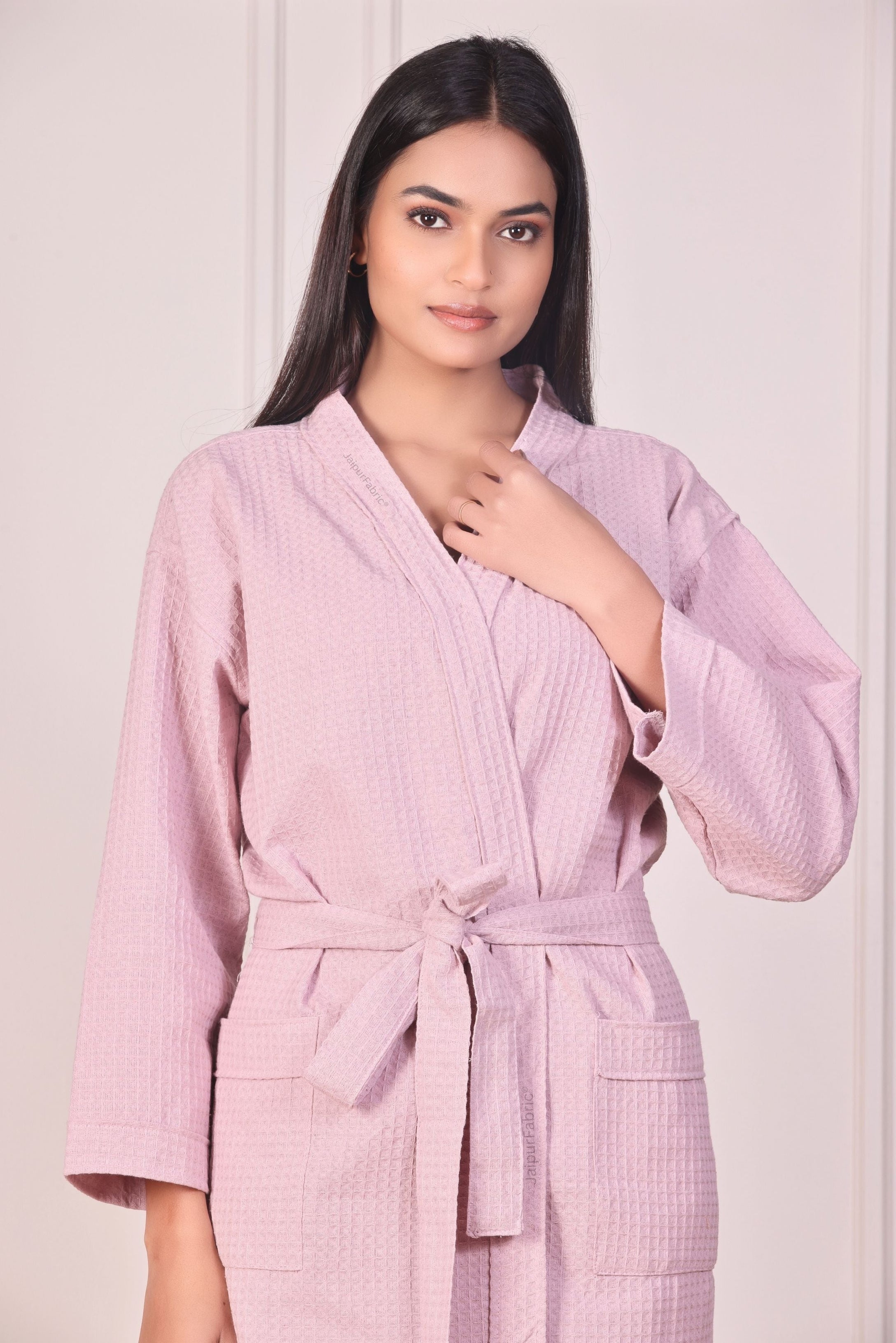 Blush Pink Premium Cotton Waffle Quick Dry Spa Bathrobe with Shawl Collar Pockets and Fabric Belt