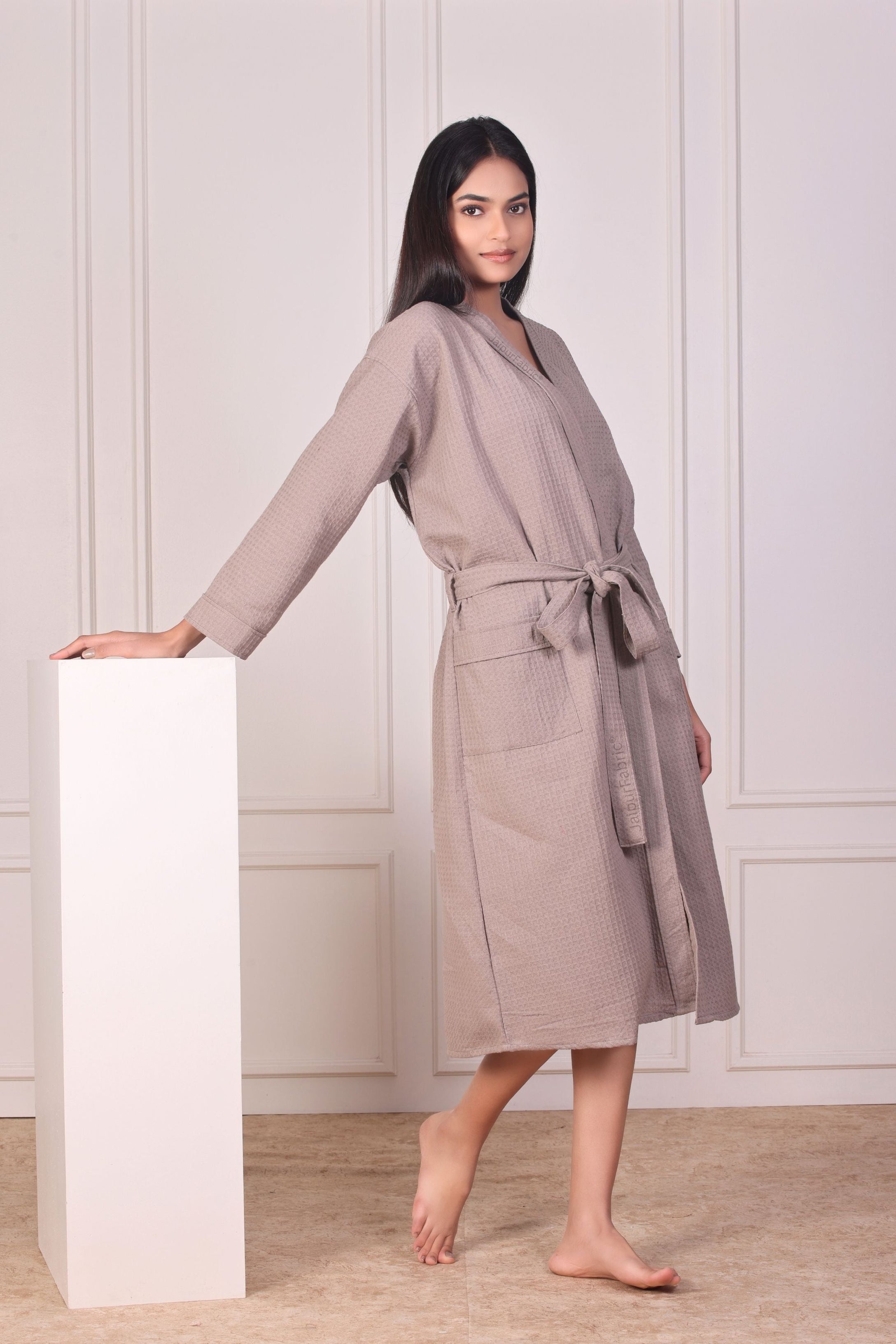 Taupe Premium Cotton Waffle Quick Dry Spa Bathrobe with Shawl Collar Pockets and Fabric Belt