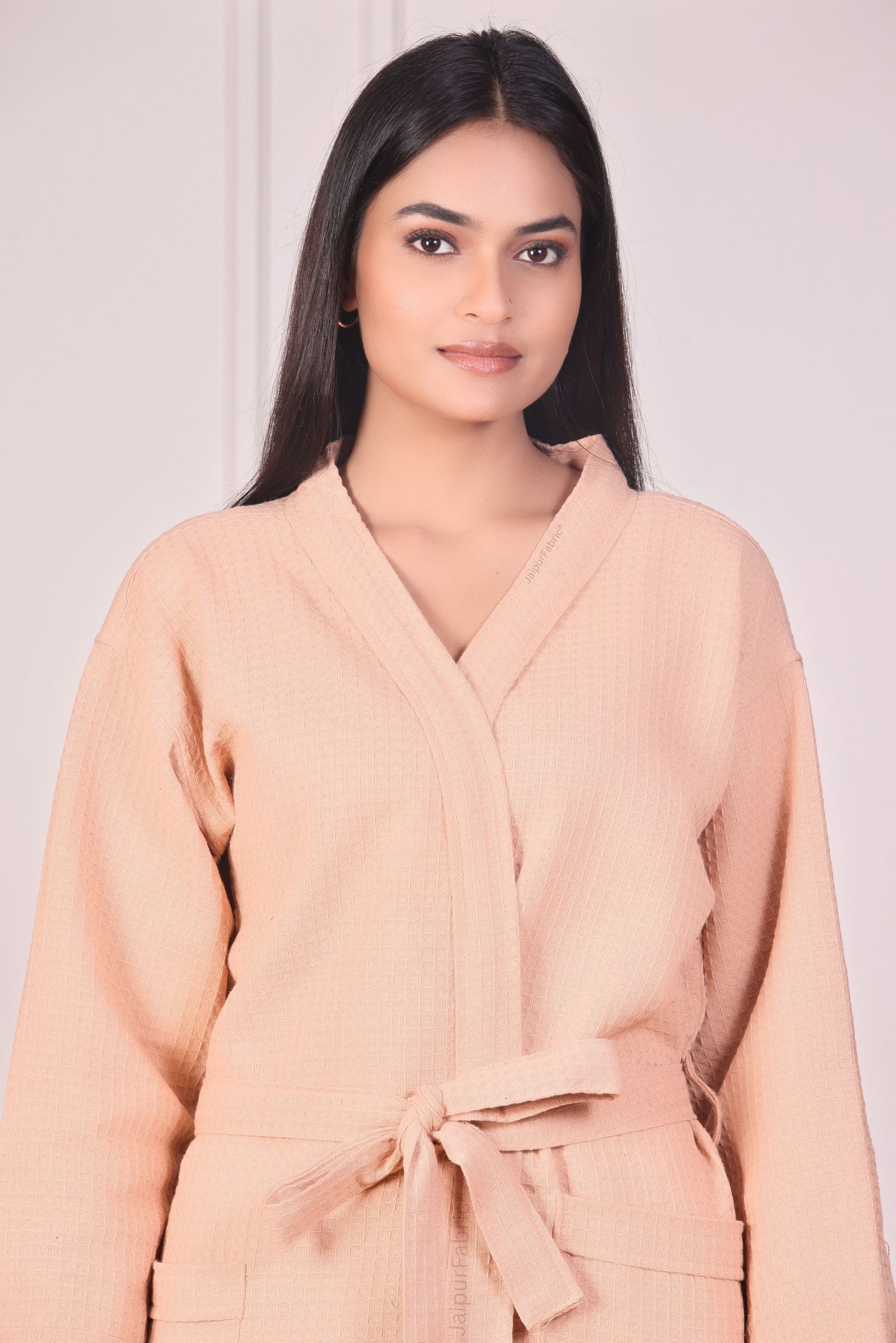 Peach Premium Cotton Waffle Quick Dry Spa Bathrobe with Shawl Collar Pockets and Fabric Belt