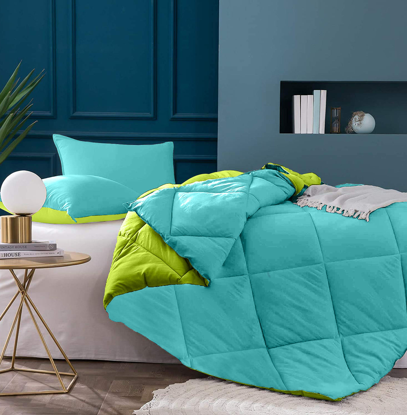 Sky Blue-Lemon Green  Double Bed Comforter