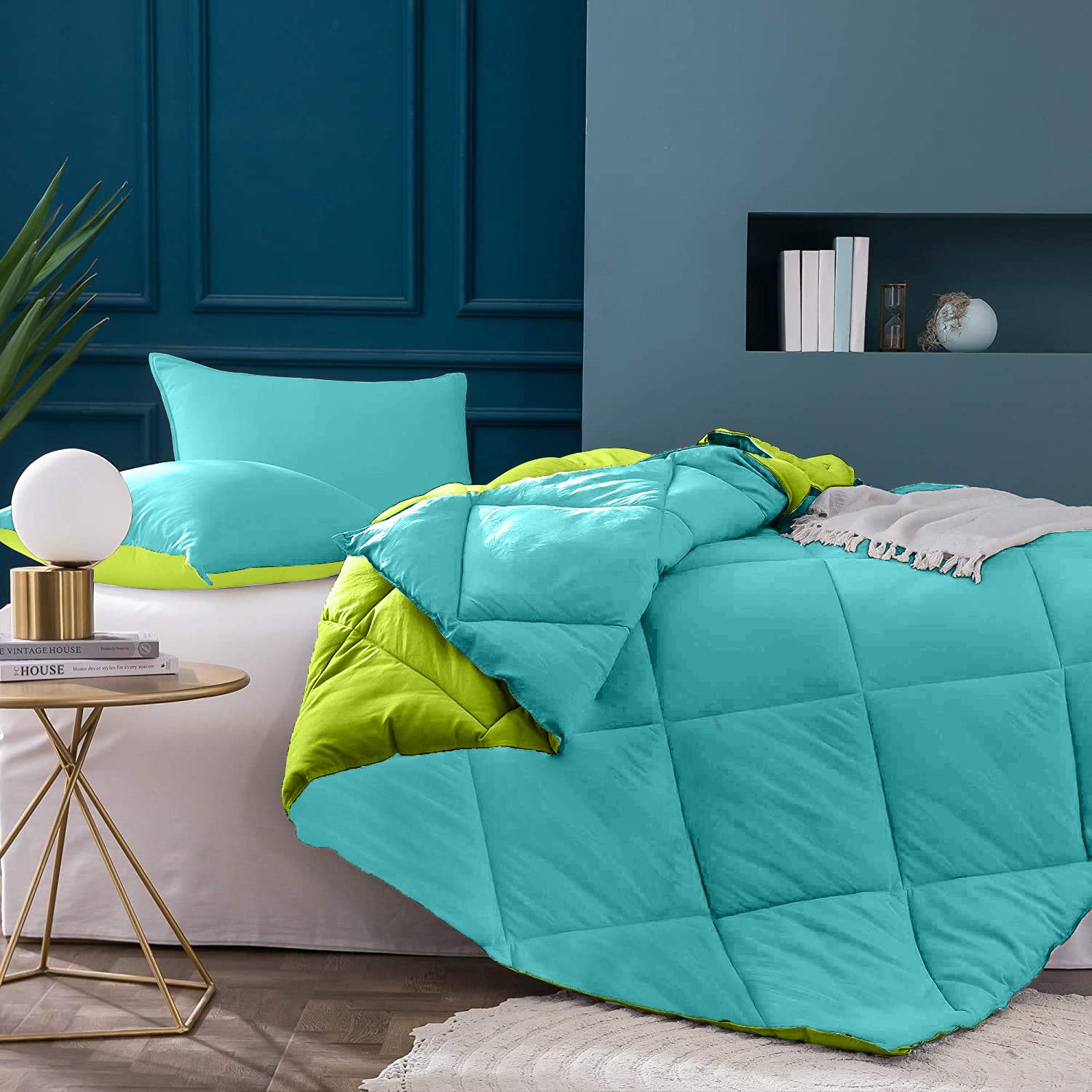 Sky Blue-Lemon Green  Double Bed Comforter