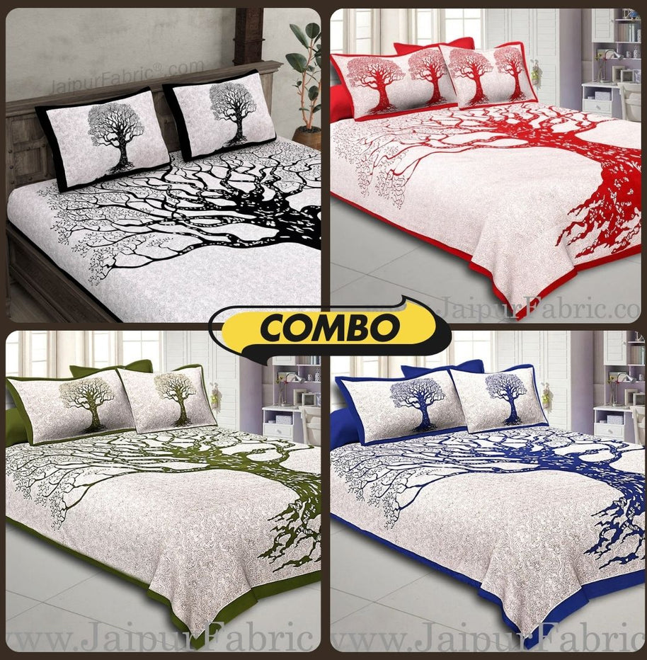 Big Tree Pattern Super Fine Cotton Double Bedsheet Combo of 4