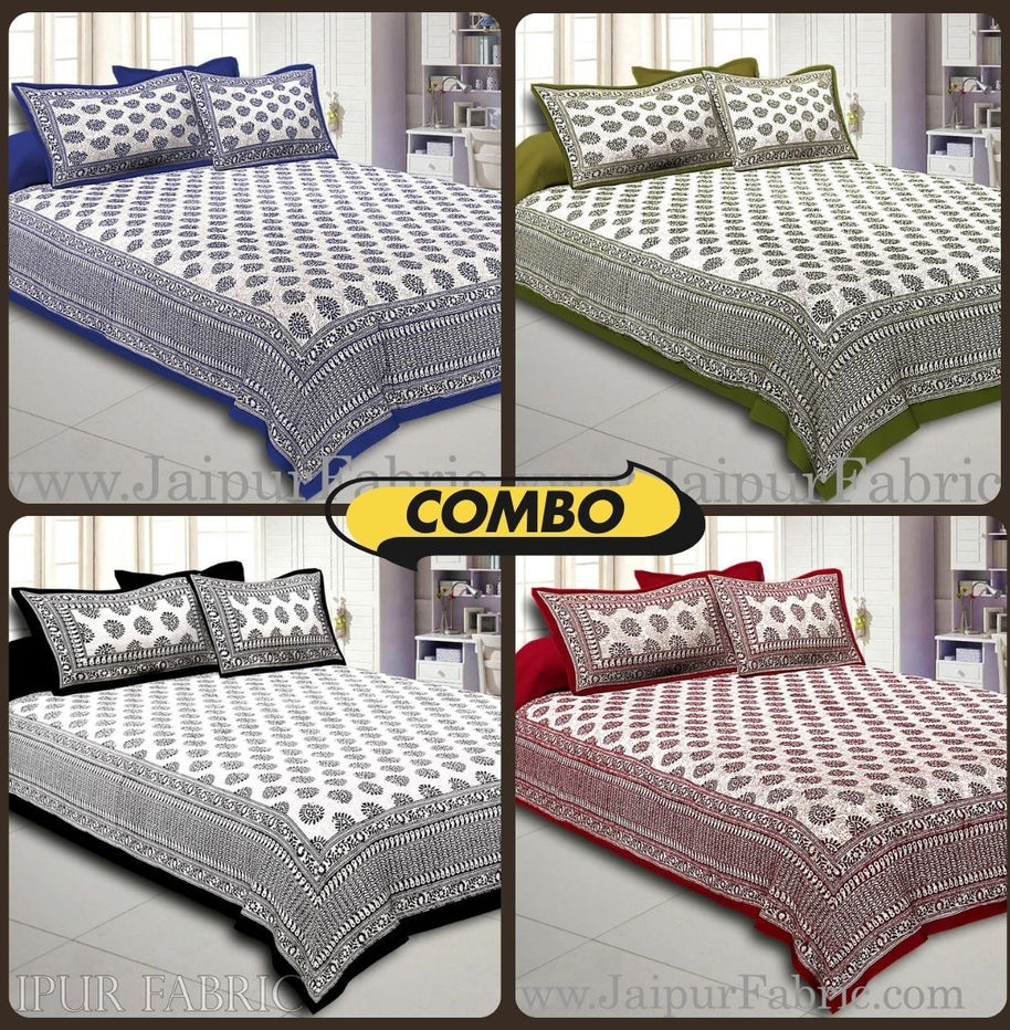 Kerry Pattern Hand Block Print Super Fine Cotton Bedsheet Combo of 4