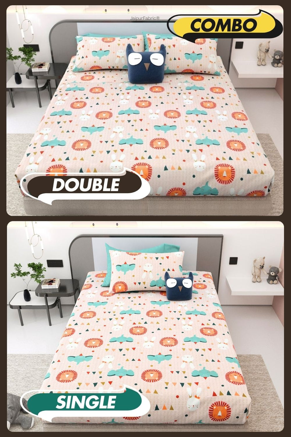 Animal Carnival Peach Soft Cotton Kids Bed Sheet Combo of 2