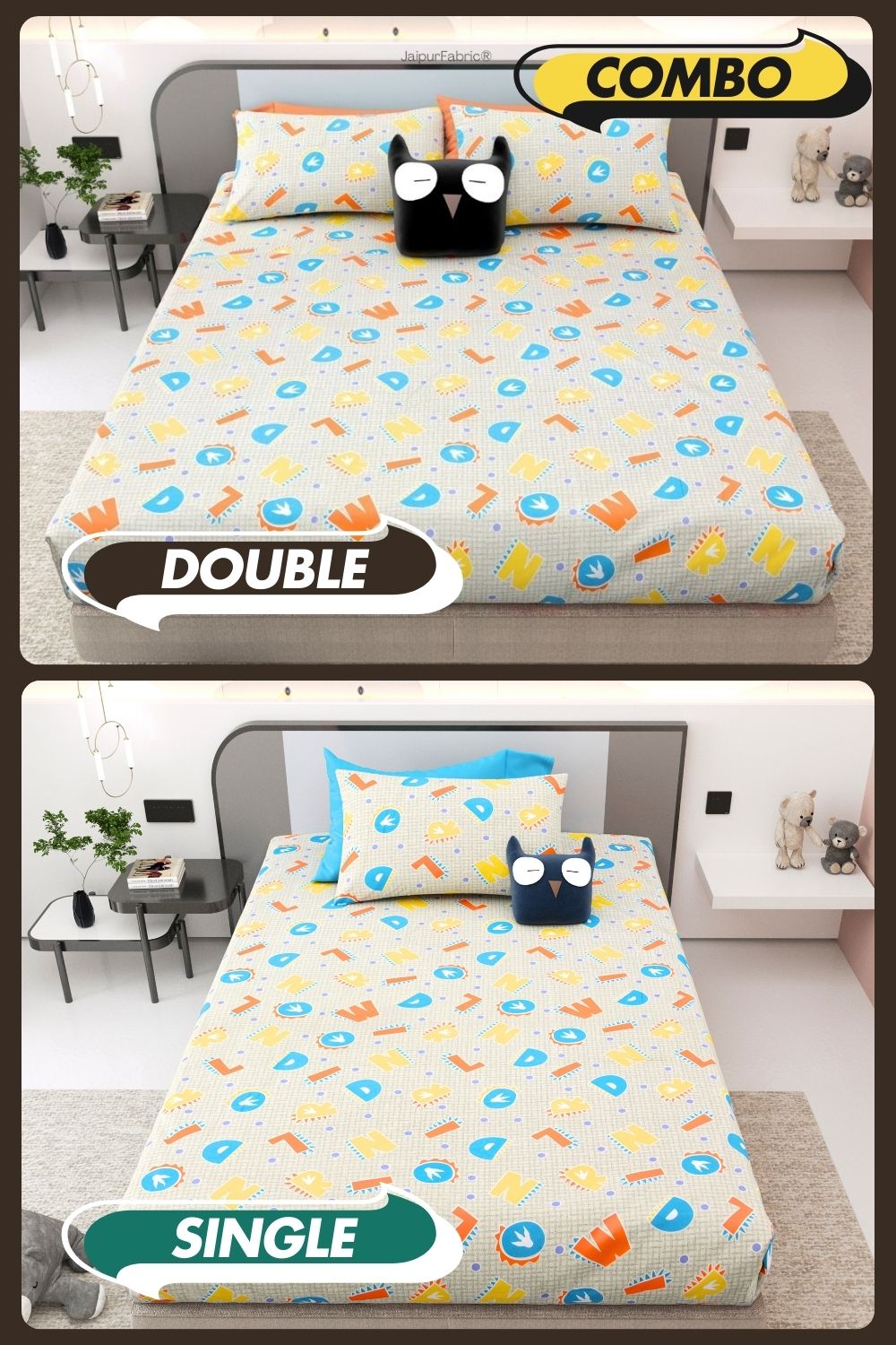 ABC Alphabet Adventure Orange and Blue Soft Cotton Kids Bed Sheet Combo of 2