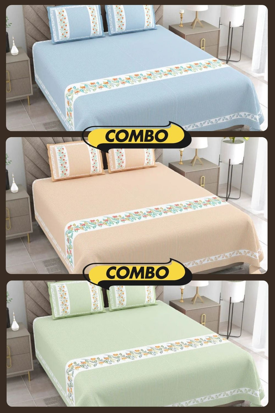 Eco-Friendly Blue Peach and Green Pure Cotton King Size Double Bedsheet Combo of 3