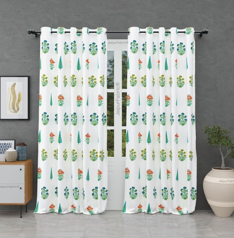 Jaipur Mela Hand Block Printed Sea Green Trees and Flowers Curtains