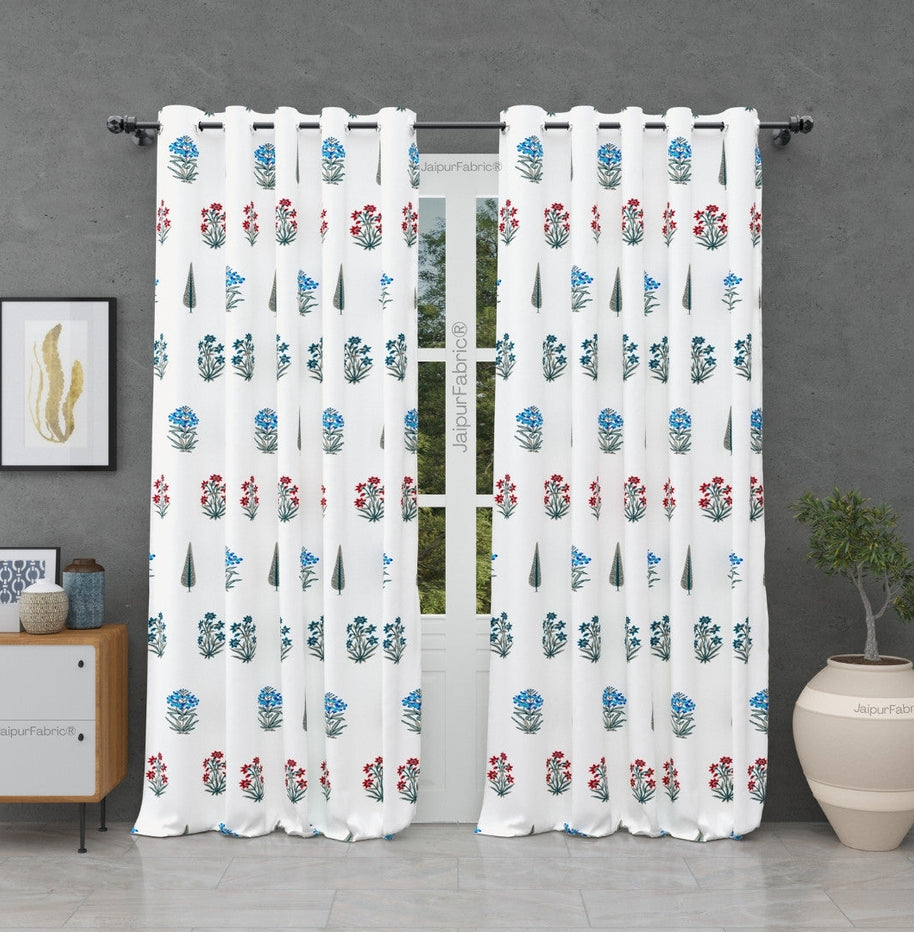 India Blocks of Red Blue Flowers Grey Leaves Block Printed Curtains