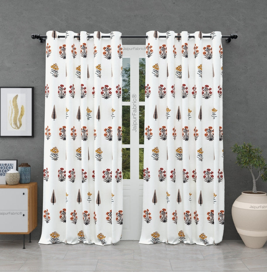 Pink Mustard Flowers Brown Leaves Jaipur Dharohar Boota Print Curtains