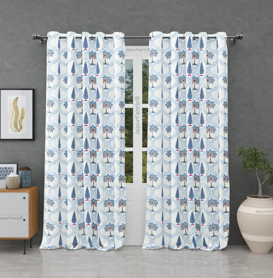 Jaipur Mela Hand Block Printed Blue Trees and Flowers Curtains