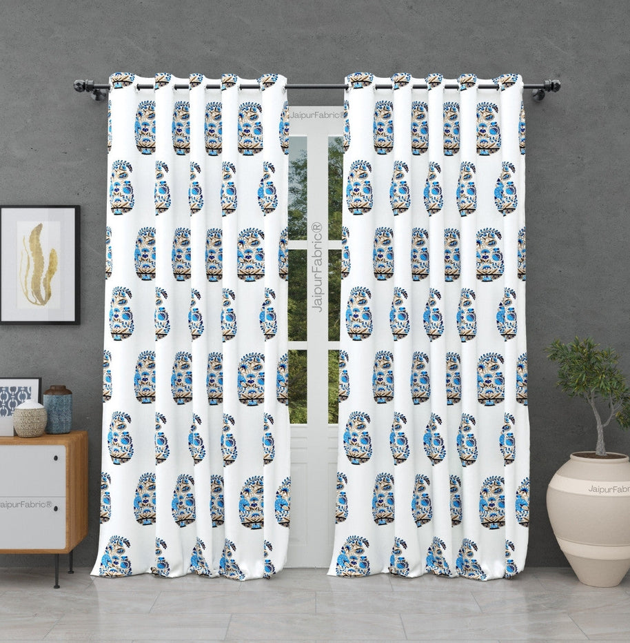 Floral Blue Indian Kairi Design Pinar Block Hand Block Printed Curtains