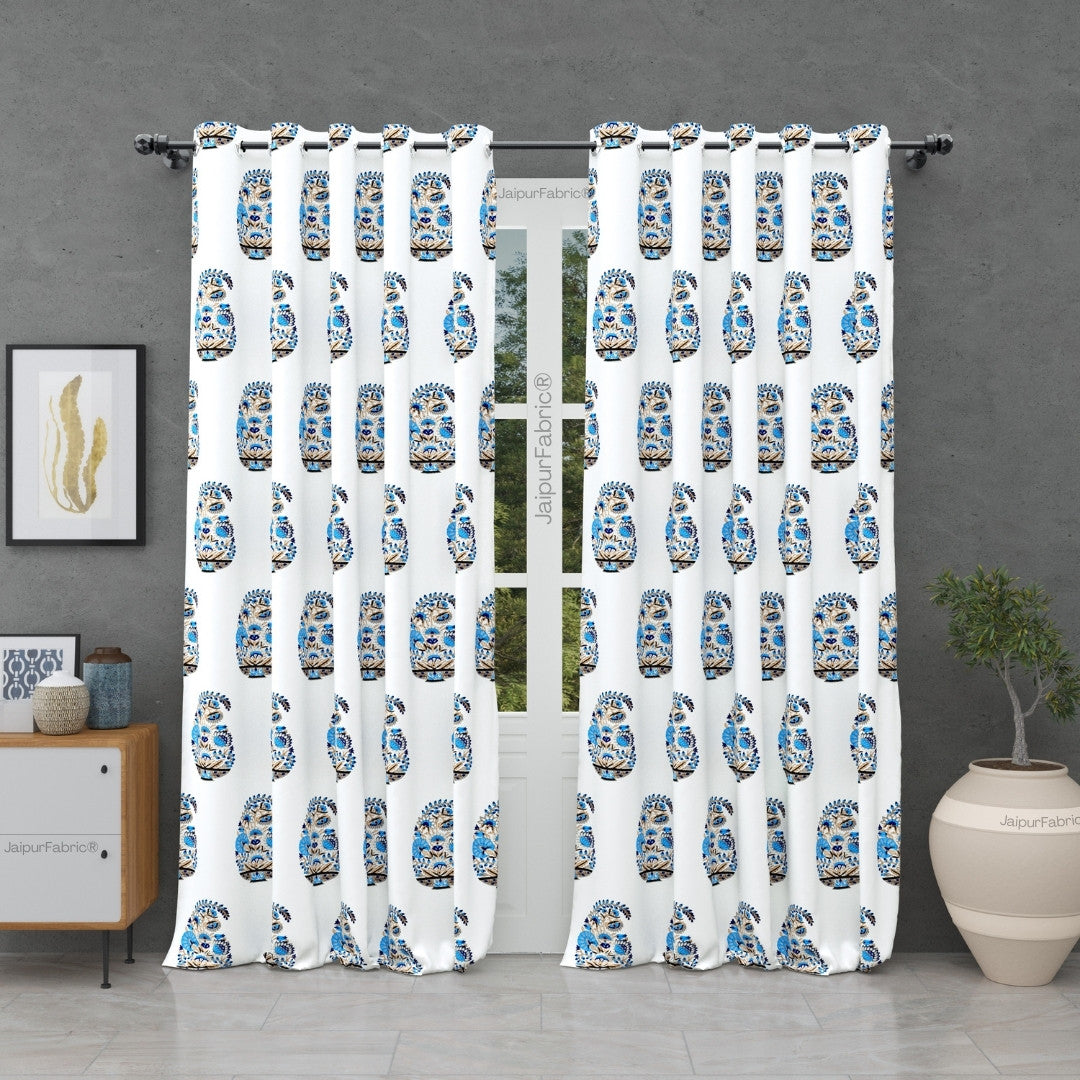 Floral Blue Indian Kairi Design Pinar Block Hand Block Printed Curtains