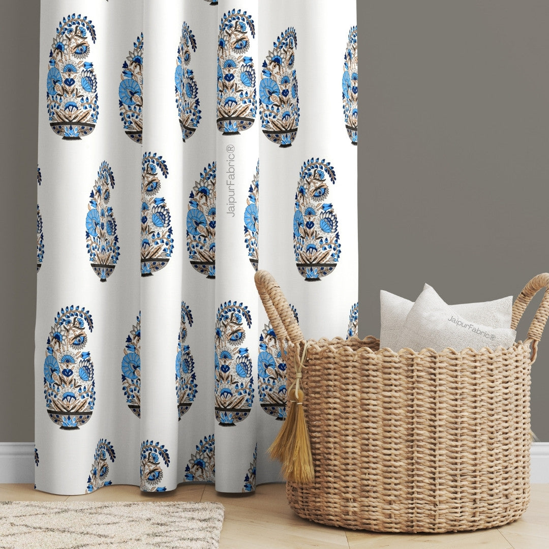 Floral Blue Indian Kairi Design Pinar Block Hand Block Printed Curtains