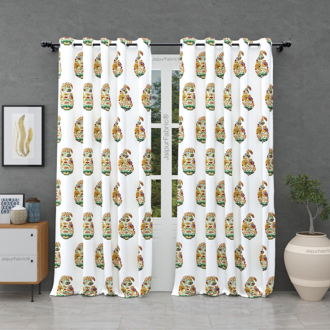 Hand Block Printed Curtains Floral Valley Bunai Pattern Indian Kairi Design Curtains