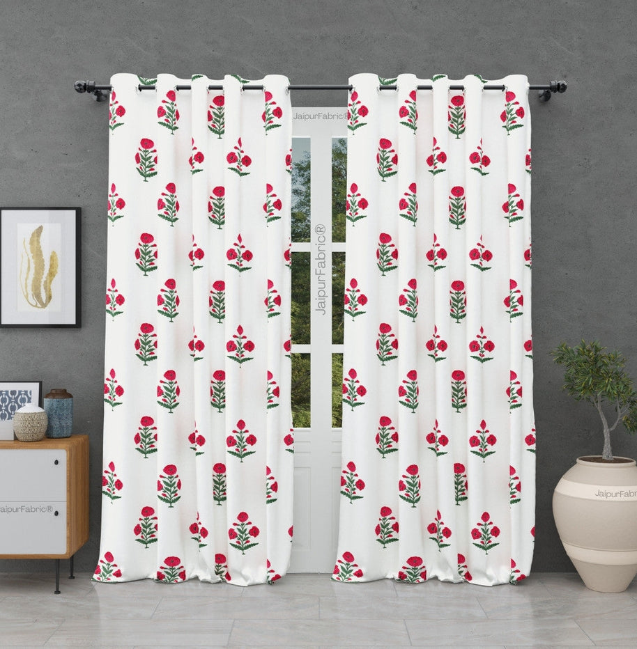 Ocean Enclave Handblock Red Flowers and Green Leaves Curtains