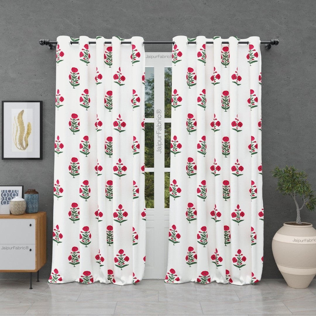 Ocean Enclave Handblock Red Flowers and Green Leaves Curtains