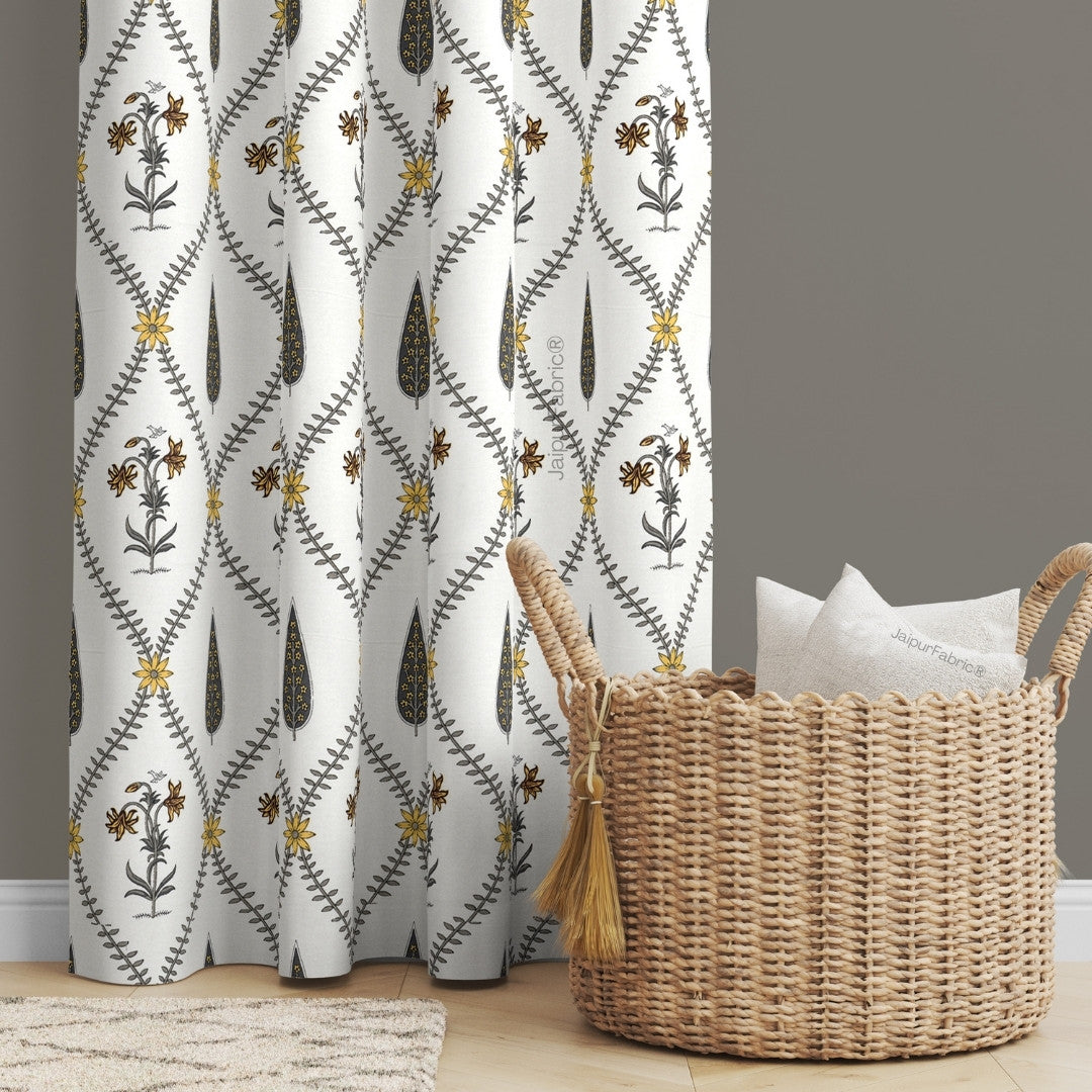 Beautiful Yellow & Grey Pookalam Floral Symphony Rihaa Handblock Printed Curtains