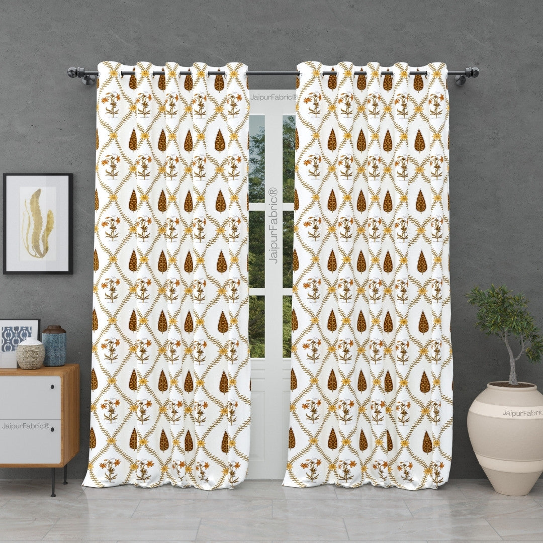 Pinklay Golden Bloom Heritage Curtains with Yellow & Brown Floral Block Prints